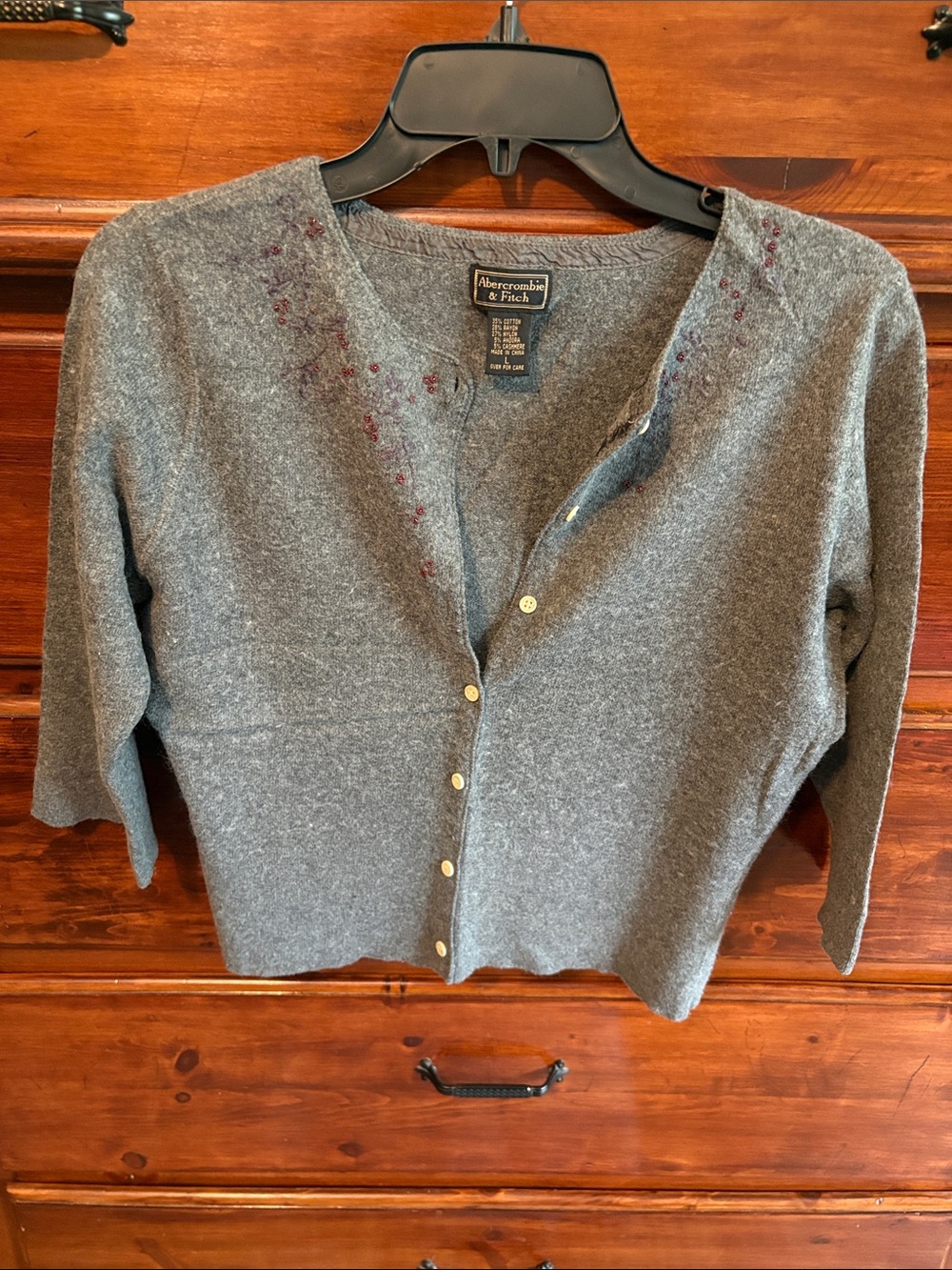 Abercrombie & Fitch Gray Button-Front Embroidered Cardigan with Maroon Accents
